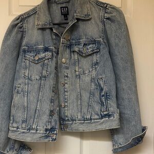 GAP Light Wash Denim Jacket with Puff Shoulders